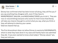 Gina's tweet firing back at Disney (Image via X/ @ginacarano)